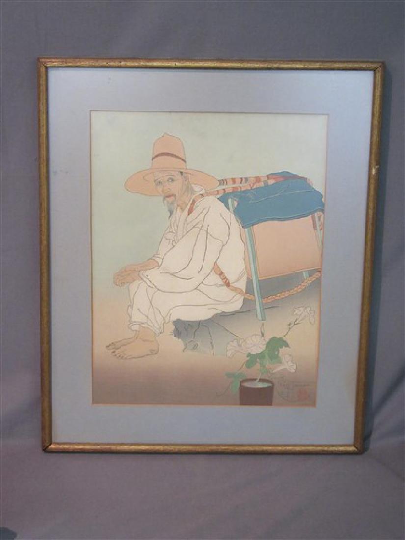 Japanese Woodblock Print: A Japanese woodblock print depicting portrait of field worker at rest. Signed lower right. Dimensions: 15" X 11 3/4"