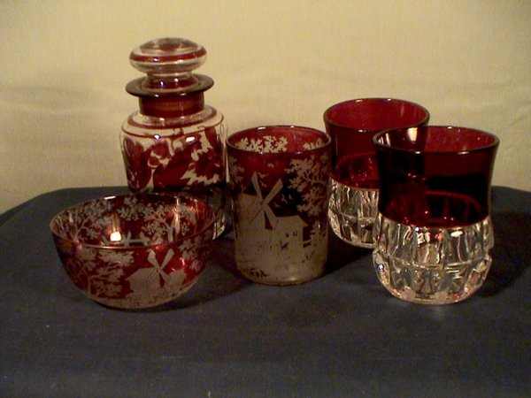 Ruby red and cut to clear glassware, two dutch sce: Ruby red and cut to clear glassware, two dutch scene pieces-tumbler and bowl, two red to clear tumblers and lidded jar, all in good condition, lidded jar is 6 inches tall, all as found in estate