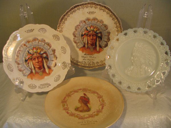 American Indian motif plates, Sleepy Eye 7 1/2 inc: American Indian motif plates, Sleepy Eye 7 1/2 inch milk glass plate, (2) 1910 calendar plates- one is 8 1/2 inches, one is 7 1/2 inches, both 1910 plates have some finish wear, glaze crazing and impe