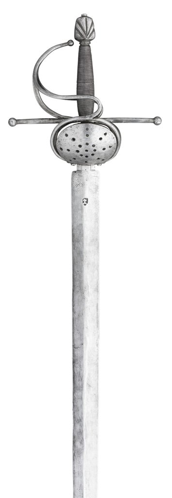 **A SWORD IN 17TH CENTURY STYLE, 19TH CENTURY with very: **A SWORD IN 17TH CENTURY STYLE, 19TH CENTURY with very broad double-edged blade stamped with a mark, in a shield two pellets divided by a cross, iron hilt of rounded bars including straight quillons,
