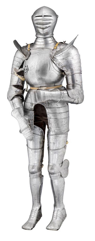 **A COMPOSITE SOUTH GERMAN CAP-A-PIE FIELD ARMOUR,: **A COMPOSITE SOUTH GERMAN CAP-A-PIE FIELD ARMOUR, PARTLY NUREMBERG, CIRCA 1540 comprising modern close helmet with rounded one piece skull rising to a low medial ridge, and bellows visor and bevor at