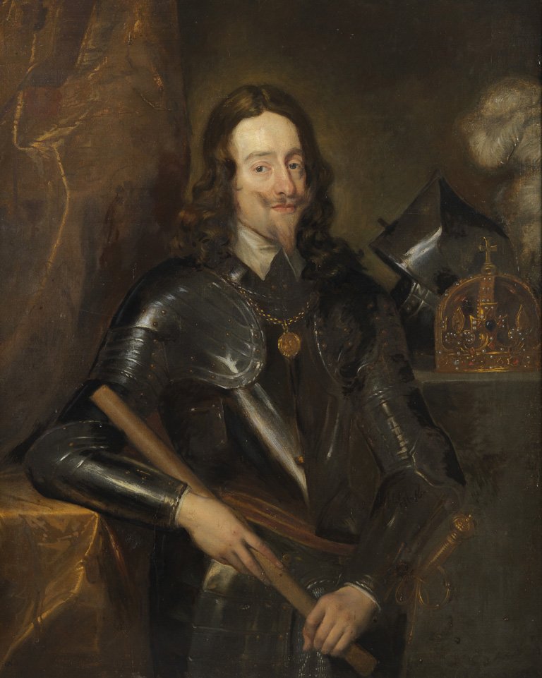 **AFTER SIR ANTHONY VAN DYCK (1599-1641), 17TH CENTURY: **AFTER SIR ANTHONY VAN DYCK (1599-1641), 17TH CENTURY PORTRAIT OF CHARLES I, IN ARMOUR, HOLDING A BATON, THE CROWN ON THE TABLE AT THE SIDE oil on canvas120 cm x 96.5 cm; 47 ¼ in x 38 in Provenance 