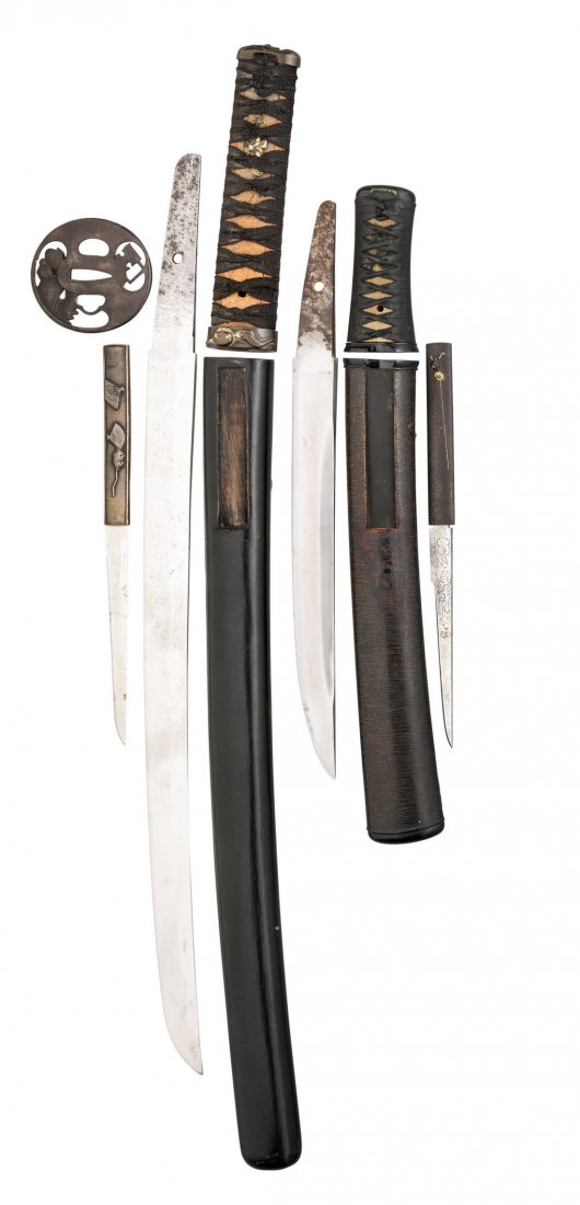 A JAPANESE SHORTSWORD (WAKIZASHI) AND A DAGGER (AIKUCHI: A JAPANESE SHORTSWORD (WAKIZASHI) AND A DAGGER (AIKUCHI TANTO), EDO PERIOD the first with curved single-edged blade (worn), signed tang pierced with a single mekugi-ana iron tsuba pierced and chiselle
