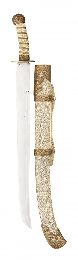 A CHINESE DECORATED SWORD (DAO), QING DYNASTY, 19TH: A CHINESE DECORATED SWORD (DAO), QING DYNASTY, 19TH CENTURY with curved single-edged blade, formed with a pair of long slender fullers along the back-edge on each face, brass hilt comprising circular 