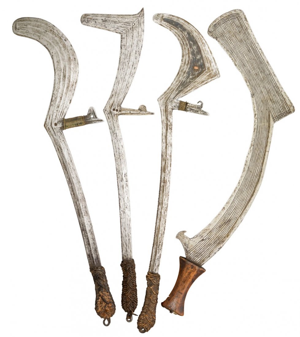 FOUR AFRICAN THROWING KNIVES, CONGO, 19TH CENTURY the: FOUR AFRICAN THROWING KNIVES, CONGO, 19TH CENTURY the first with curved fluted head formed with an additional lug wrapped in brass wire, and cord bound grip; the second probably Gbaya tribe, with angu