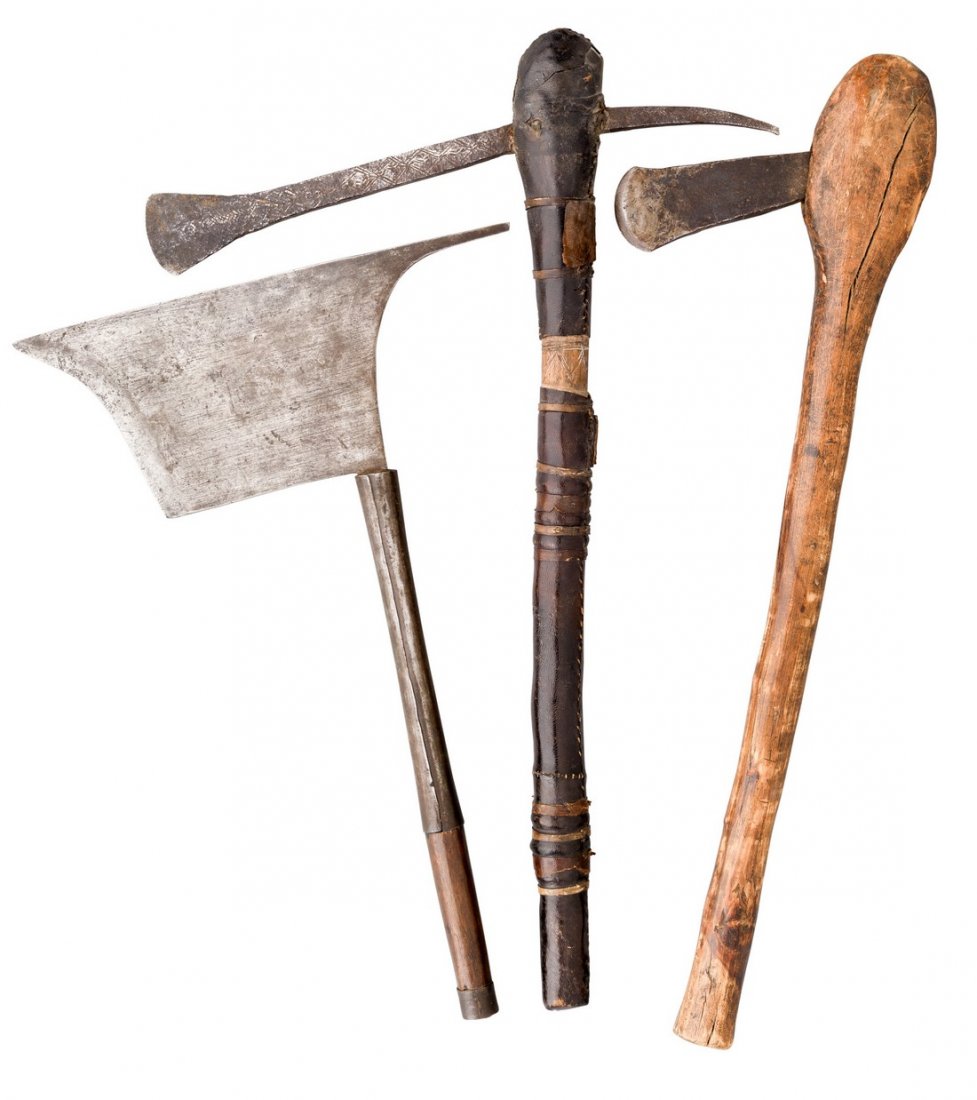 A PHILIPPINES HEAD AXE AND TWO AFRICAN AXES, 19TH: A PHILIPPINES HEAD AXE AND TWO AFRICAN AXES, 19TH CENTURY the first an Igorot head axe, with curved leading edge, slender rear pean, and wooden haft encased in iron over its upper portion; the second 