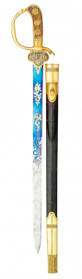 A FINE GERMAN PRINCELY HUNTING-SWORD, MID-19TH CENTURY: A FINE GERMAN PRINCELY HUNTING-SWORD, MID-19TH CENTURY with straight blade etched and gilt with scrolls and emblems of the chase on a blued panel over its lower half on both sides, etched with the cut