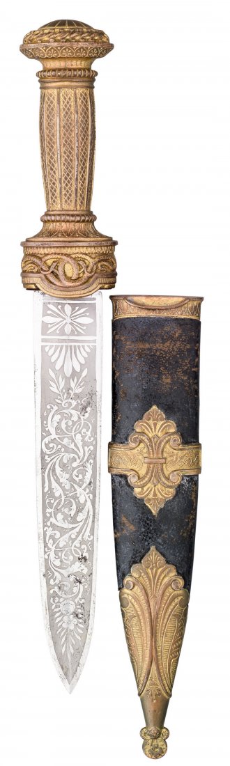 A CONTINENTAL DECORATIVE DAGGER, 19TH CENTURY with: A CONTINENTAL DECORATIVE DAGGER, 19TH CENTURY with broad double-edged blade etched with scrolls of foliage on each face against a frosted ground, gilt copper hilt cast with romantic motifs in low reli