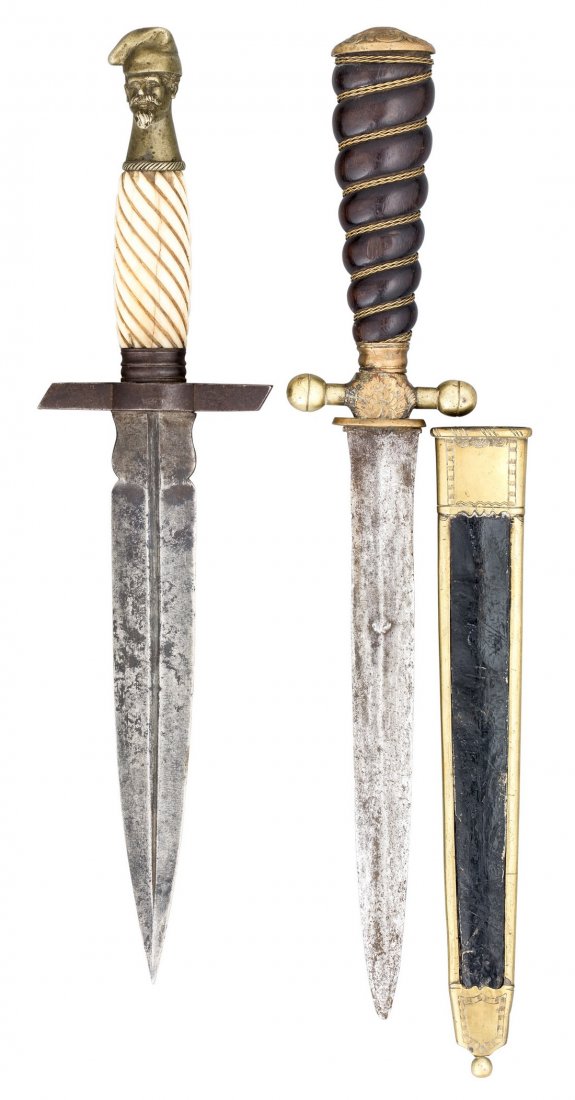 A SCANDINAVIAN HUNTING DAGGER AND ANOTHER DAGGER, 19TH: A SCANDINAVIAN HUNTING DAGGER AND ANOTHER DAGGER, 19TH CENTURY the first cut-down from a hunting sword, with tapering blade, brass cross-piece, spirally-carved wooden grip bound with plaited wire, and