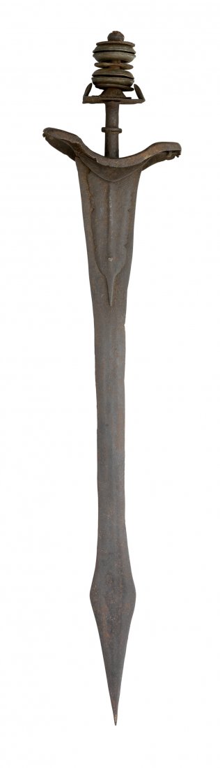 AN EARLY INDIAN SWORD (KHANDA), 17TH/18TH CENTURY AND: AN EARLY INDIAN SWORD (KHANDA), 17TH/18TH CENTURY AND ANOTHER, LATERthe first, with broad double-edged blade widening towards a sharp point, iron hilt extending over the lower portion of the blade, in