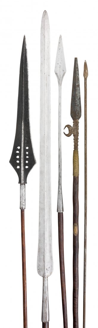 **FIVE AFRICAN SPEARS, 19TH CENTURYthe first probably: **FIVE AFRICAN SPEARS, 19TH CENTURYthe first probably Congo, with leaf-shaped partially blackened head formed with a medial ridge, pierced at the base with five pairs of holes, on its wooden haft boun