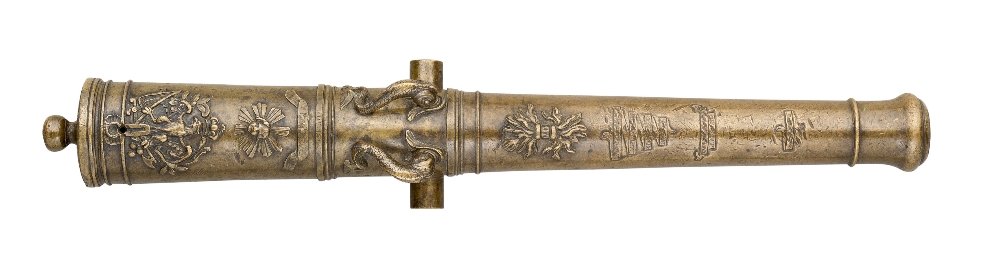 A FINE GERMAN BRONZE SALUTING CANNON BARREL, DATED 1765: A FINE GERMAN BRONZE SALUTING CANNON BARREL, DATED 1765 formed in tapering multi-stage sections, chiselled with inscriptions (obscured) including the date and a thunderbolt on the chase, further inscr