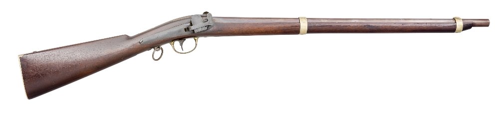 A .54 CALIBRE JENKS CARBINE WITH TAPE PRIMER FOR THE: A .54 CALIBRE JENKS CARBINE WITH TAPE PRIMER FOR THE U.S. NAVY, DATED 1847 of standard production specifications, with browned barrel stamped 'W.JENKS/U.S.N./RP/P/1847/CAST STEEL' at the breech, case-