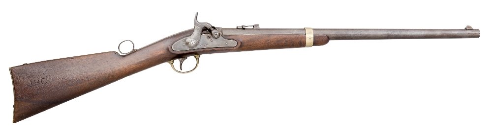 A .54 CALIBRE JOSLYN FIRST MODEL 'MONKEY TAIL' 1855: A .54 CALIBRE JOSLYN FIRST MODEL 'MONKEY TAIL' 1855 RIFLED CAVALRY CARBINE, CIRCA 1855-6, PROBABLY CARRIED BY JOHN H. COONS OF THE 4TH OHIO CAVALRY BY L. H. WATERS & CO., MILBURY, MASS. of standard pr