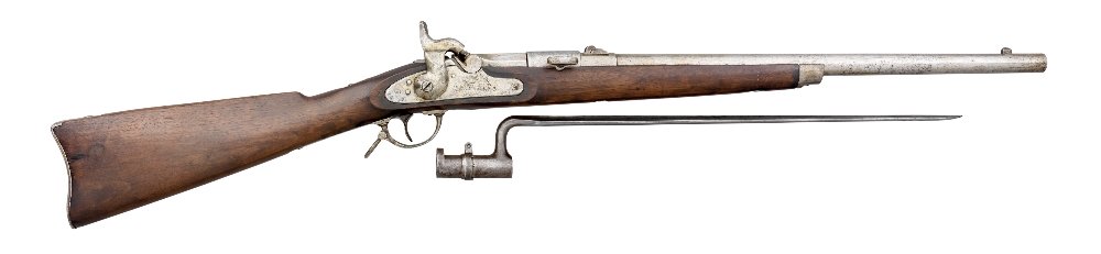 A .58 CALIBRE SECOND TYPE LINDNER'S PATENT RIFLED: A .58 CALIBRE SECOND TYPE LINDNER'S PATENT RIFLED CARBINE, DATED 1864 of standard production specifications, with sighted barrel with patent inscription on the breech, dated lock with 'Amoskeag Mfg. C