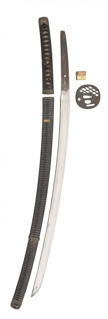 A JAPANESE SWORD (KATANA), EDO PERIOD, EARLY 19TH: A JAPANESE SWORD (KATANA), EDO PERIOD, EARLY 19TH CENTURY with curved single-edged blade with wavy hamon, plain tang pierced with a single mekugi-ana, fabric-bound sharkskin-covered grip with gilt-cop
