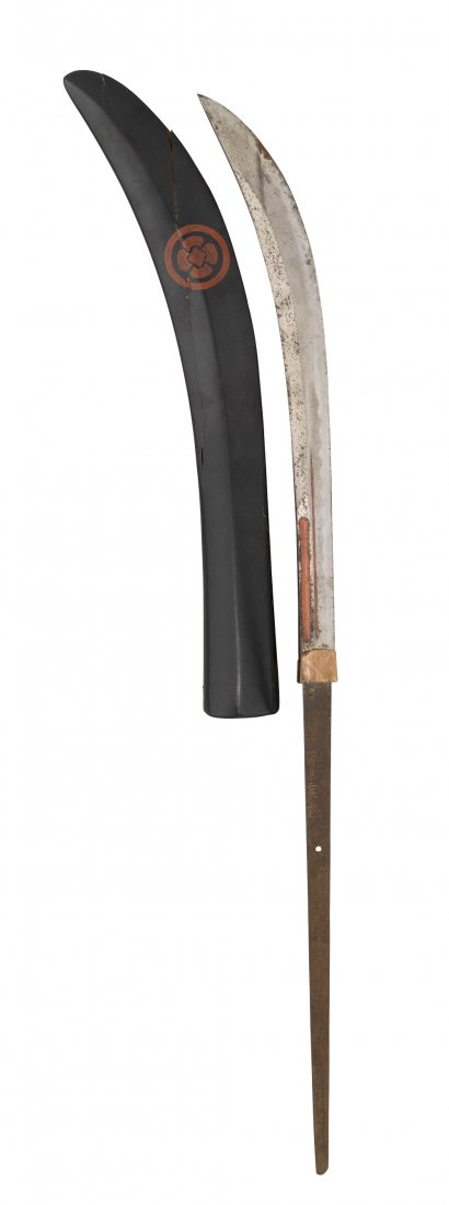 A JAPANESE SPEAR (NAGINATA) with curved blade formed: A JAPANESE SPEAR (NAGINATA) with curved blade formed with two red lacquer filled fullers on each face (worn), tang signed Bushu Shimonara ju Hironobu and pierced with a single hole, on its partially l