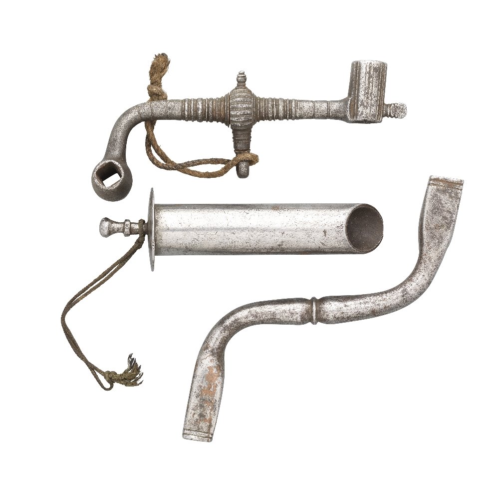 TWO WHEEL-LOCK SPANNERS AND A POWDER-MEASURE, 17TH: TWO WHEEL-LOCK SPANNERS AND A POWDER-MEASURE, 17TH CENTURY the first with curved barrel-shaped socket at the top, moulded shank with swivelling suspension-loop, and moulded socket at the base incorpor