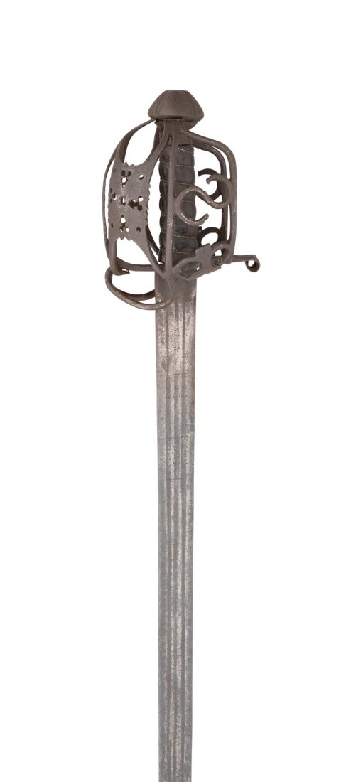 A SCOTTISH BASKET-HILTED BROADSWORD, FIRST HALF OF THE: A SCOTTISH BASKET-HILTED BROADSWORD, FIRST HALF OF THE 18TH CENTURY with broad tapering blade stamped 'Andria Farara' within three long fullers on each face (rubbed), rectangular ricasso, iron hilt of