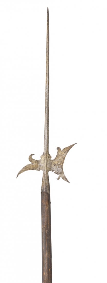 A NORTH EUROPEAN HALBERD, EARLY 17TH CENTURY, PROBABLY: A NORTH EUROPEAN HALBERD, EARLY 17TH CENTURY, PROBABLY SWEDISH with long spike of diamond section formed with a moulded base, curved axe-blade stamped with a mark, in a heart a pair of crossed swords,