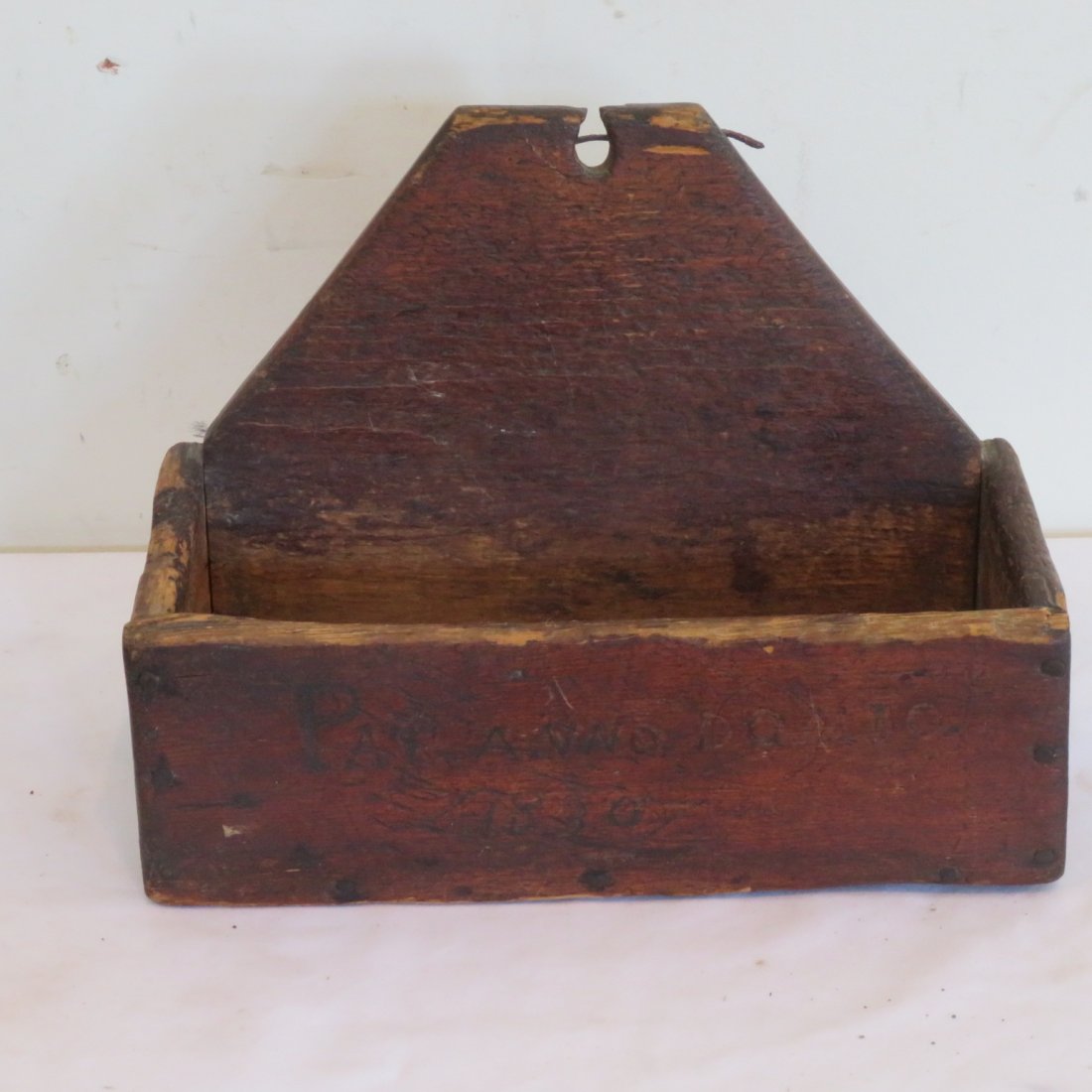 Early hanging wall box dated 1830: Early wood hanging wall box with old dark original patina, square nail construction, 8.5" x 11.5" x 6"