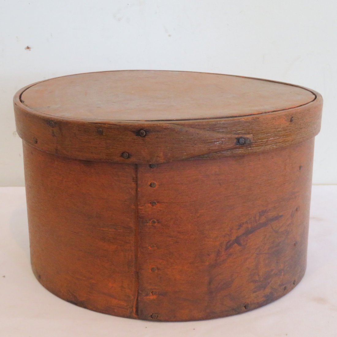 Salmon painted wood pantry box: Salmon painted wood pantry box signed Kemp on bottom, 7" x 12"