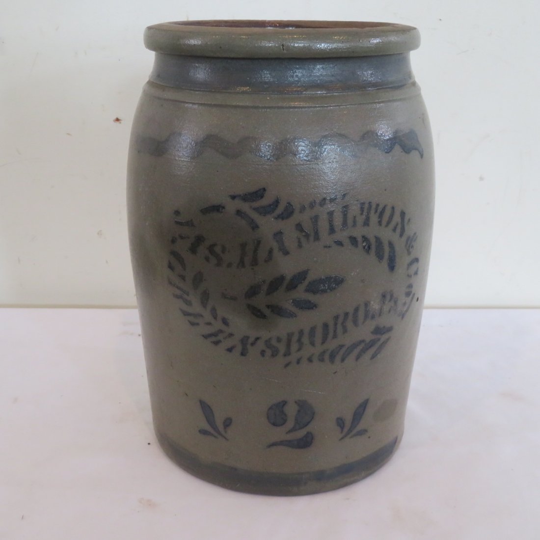 Jas. Hamilton & Co. Western, Pa. stoneware jar: Jas. Hamilton & Co., Greensboro, Pa. 2 gal. stoneware jar with stenciled and free hand decoration, 12" x 8"