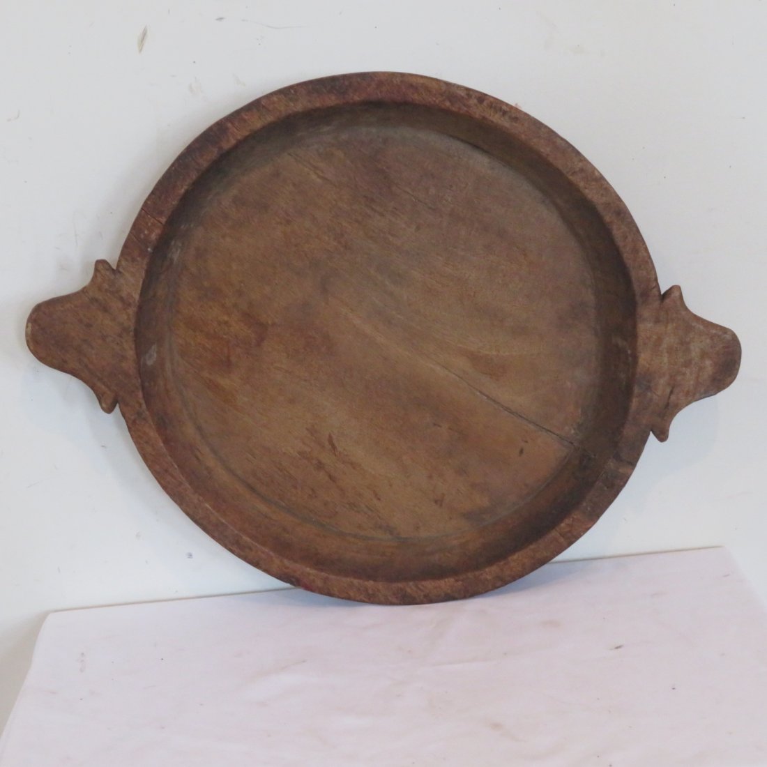 Large treenware round serving tray with handles: Large treenware round serving tray with handles, old natural patina, 2.5" x 22"