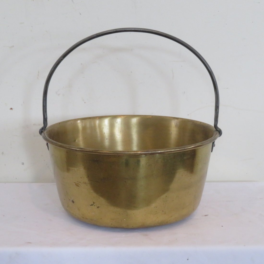 Early brass kettle with iron handle: Early brass kettle with iron handle, 16.5" x 16"