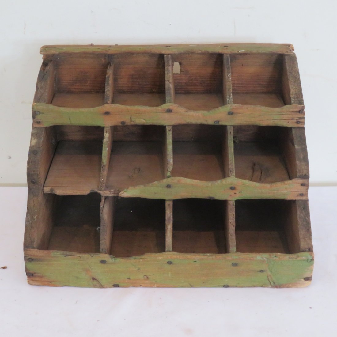 Pine old store hanging parts bin: Pine old store hanging parts bin, early 20th century, trace of old green paint, 11" x 16" x 11"