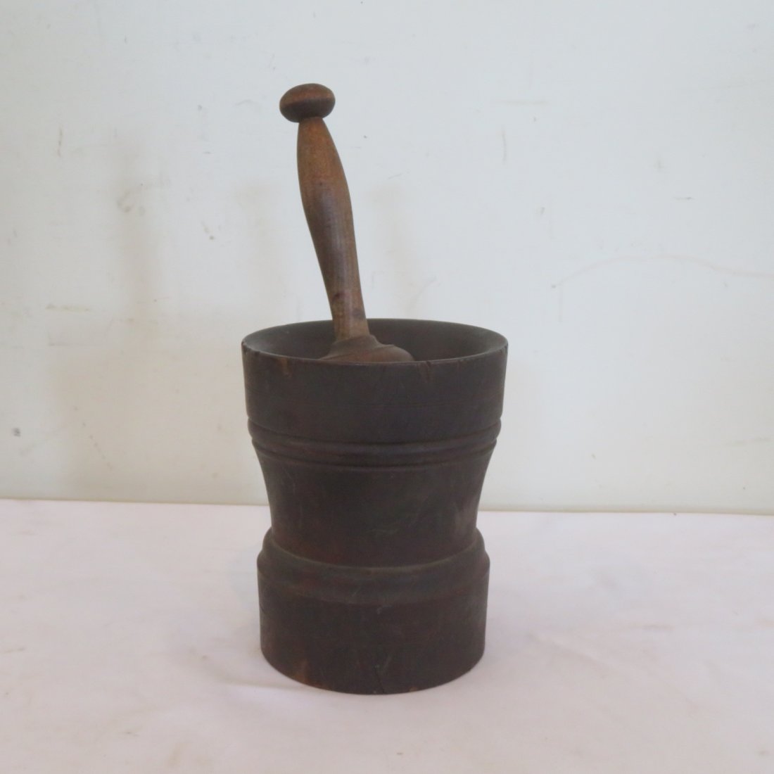 Early wood mortar and pestle: Early wood mortar and pestle, very dark natural patina, 7.25" x 5"