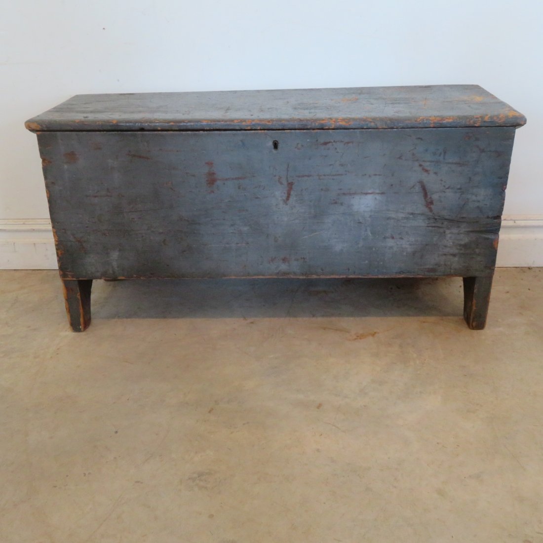 New England pine 18th century six board chest blue grey: New England pine 18th century six board chest, old blue grey paint, cotter pin hinges, interior till with lid, unusual box ends are 2" thick, rose head nails, 23.5" x 48" x 16.5"
