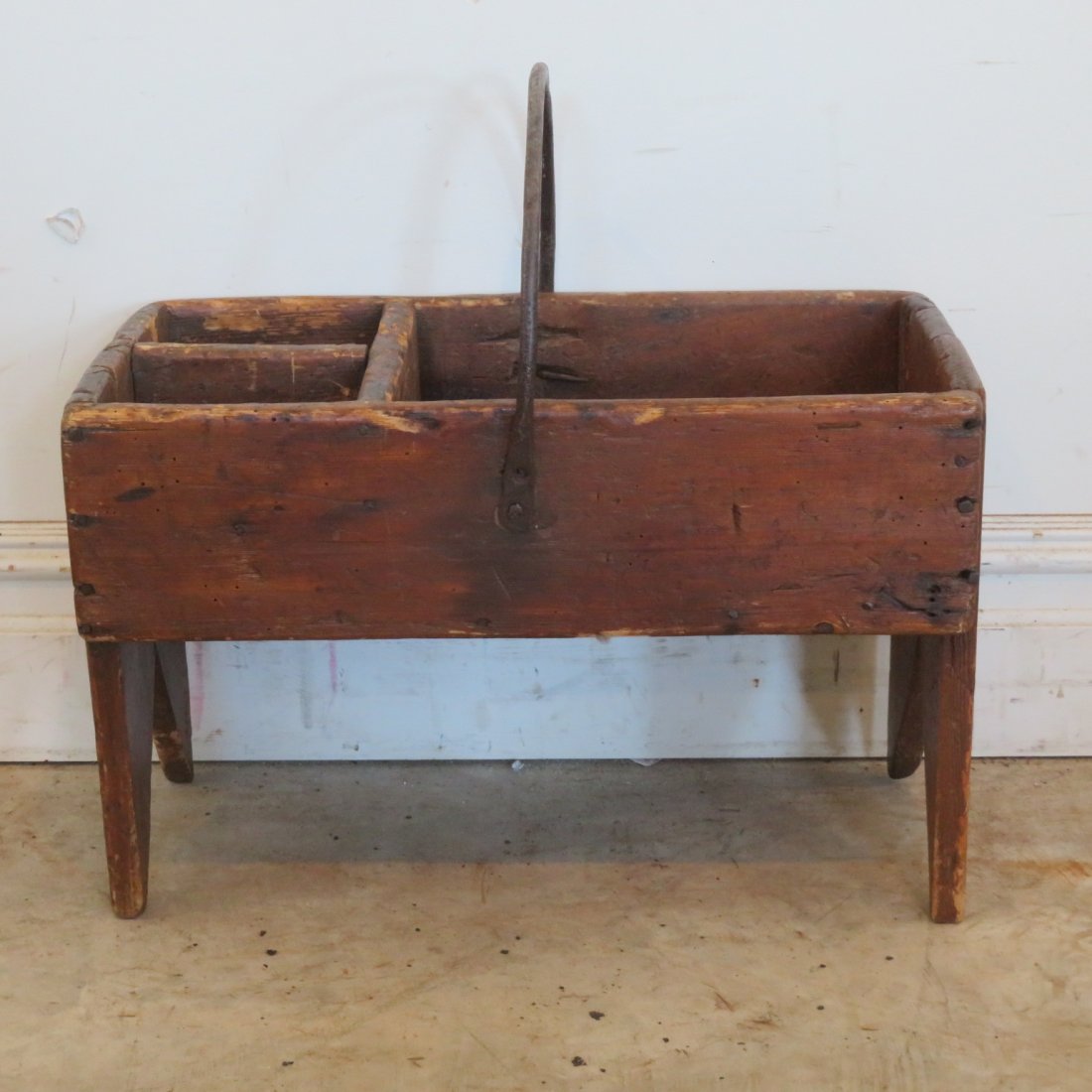 Pine tool carrier with iron handle: Pine tool carrier with iron handle with old natural patina, 14" x 21" x 11"
