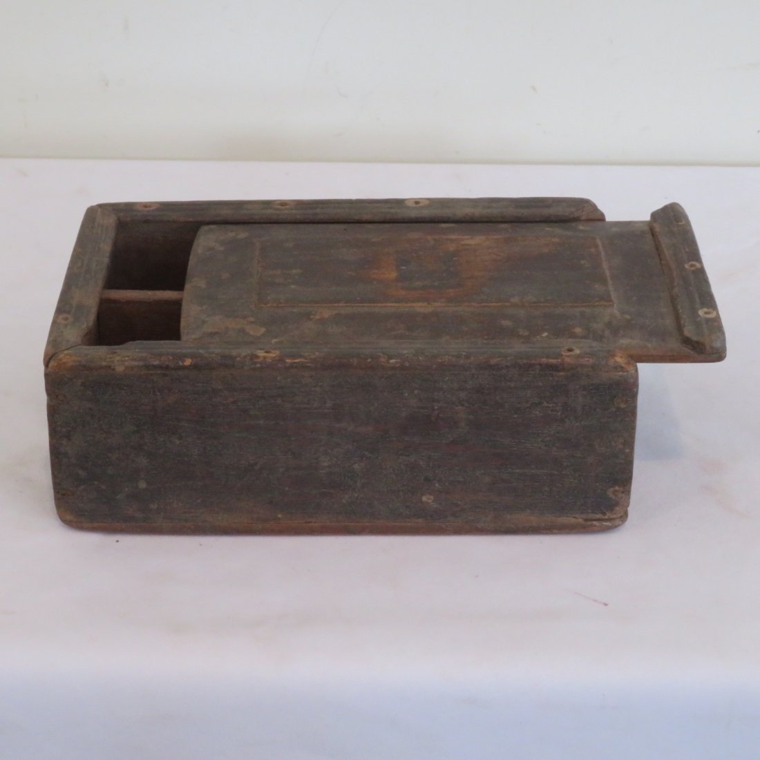 Early walnut sliding lid spice box: Early walnut sliding lid spice box, original dark grungy surface, square nail construction, 3" x 9" x 6"