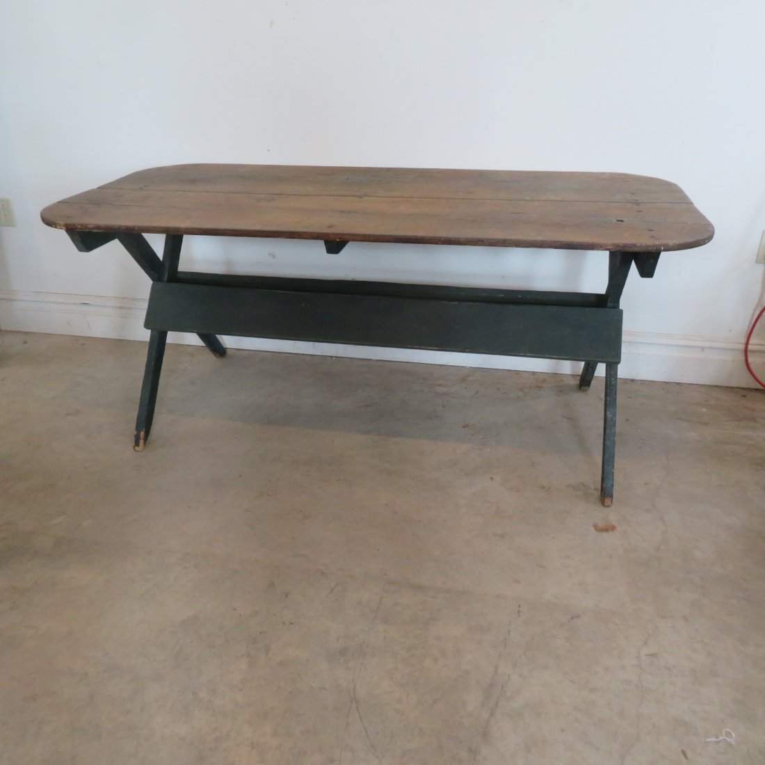 Early New England sawbuck table old green paint: Early New England sawbuck table old green paint, wonderful 2 board top, 29" x 70" x 35.5"