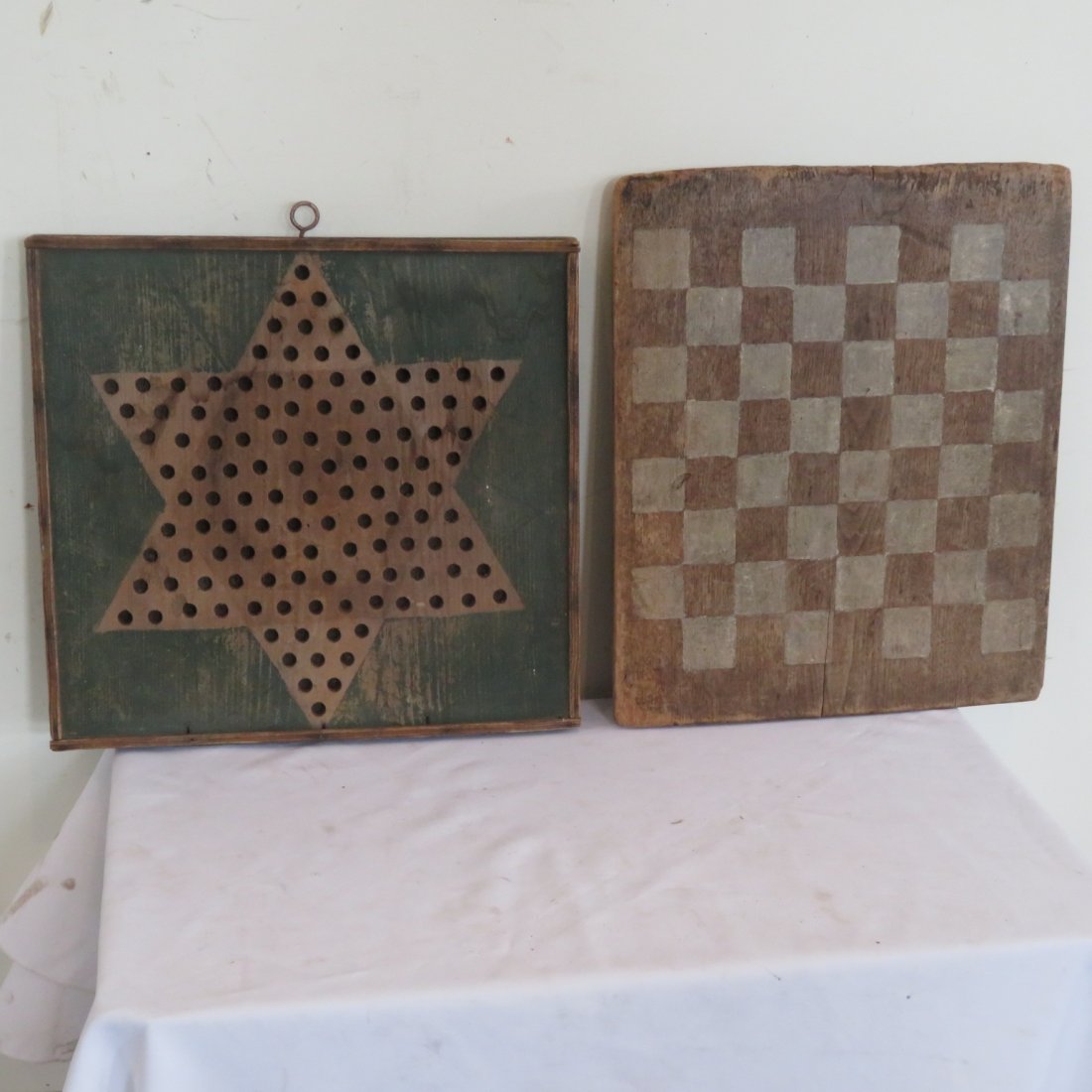 2 wooden game boards, Chinese checkers & checkerboard: 2 wooden game boards, Chinese checkers in old green paint (17" x 18") & checkerboard in walnut with cream and natural wood squares (16" x 19")