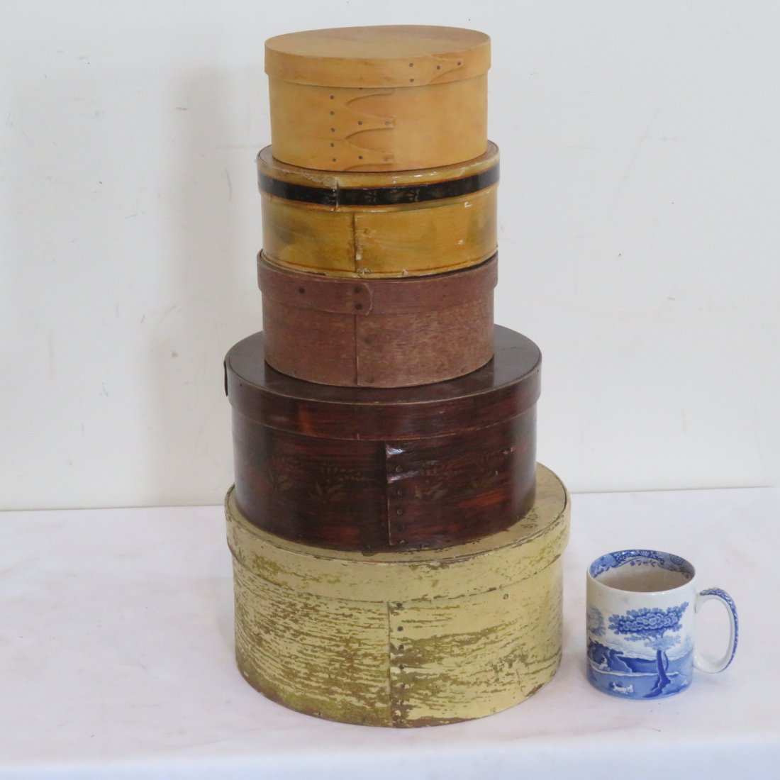 5 assorted pantry boxes: 5 assorted pantry boxes in a variety of finishes, cup in picture for size estimate