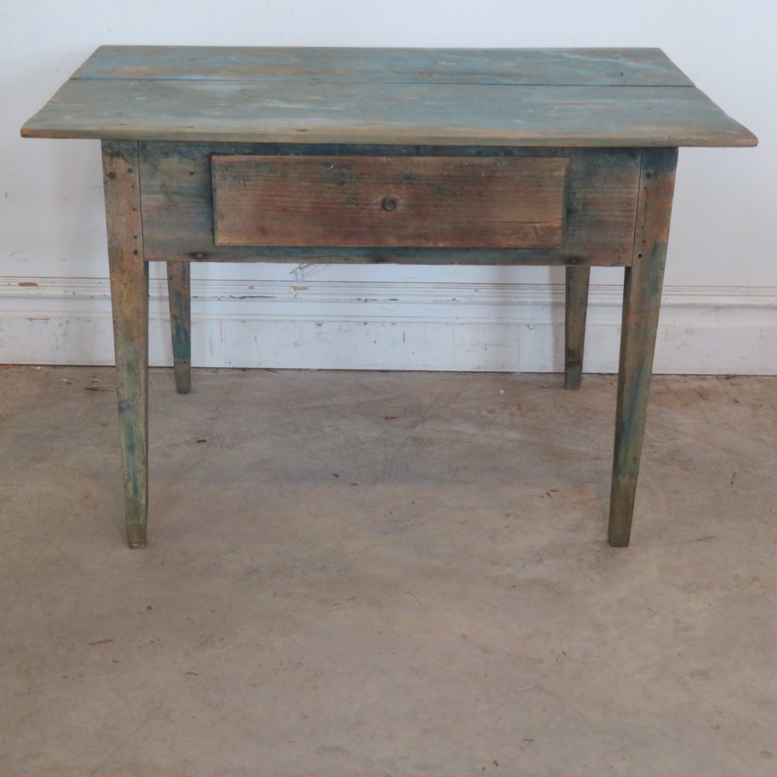 Mixed wood early work table: Mixed wood early work table with dovetailed drawer, square nail construction, traces of blue paint, 25.5" x 39" x 25"