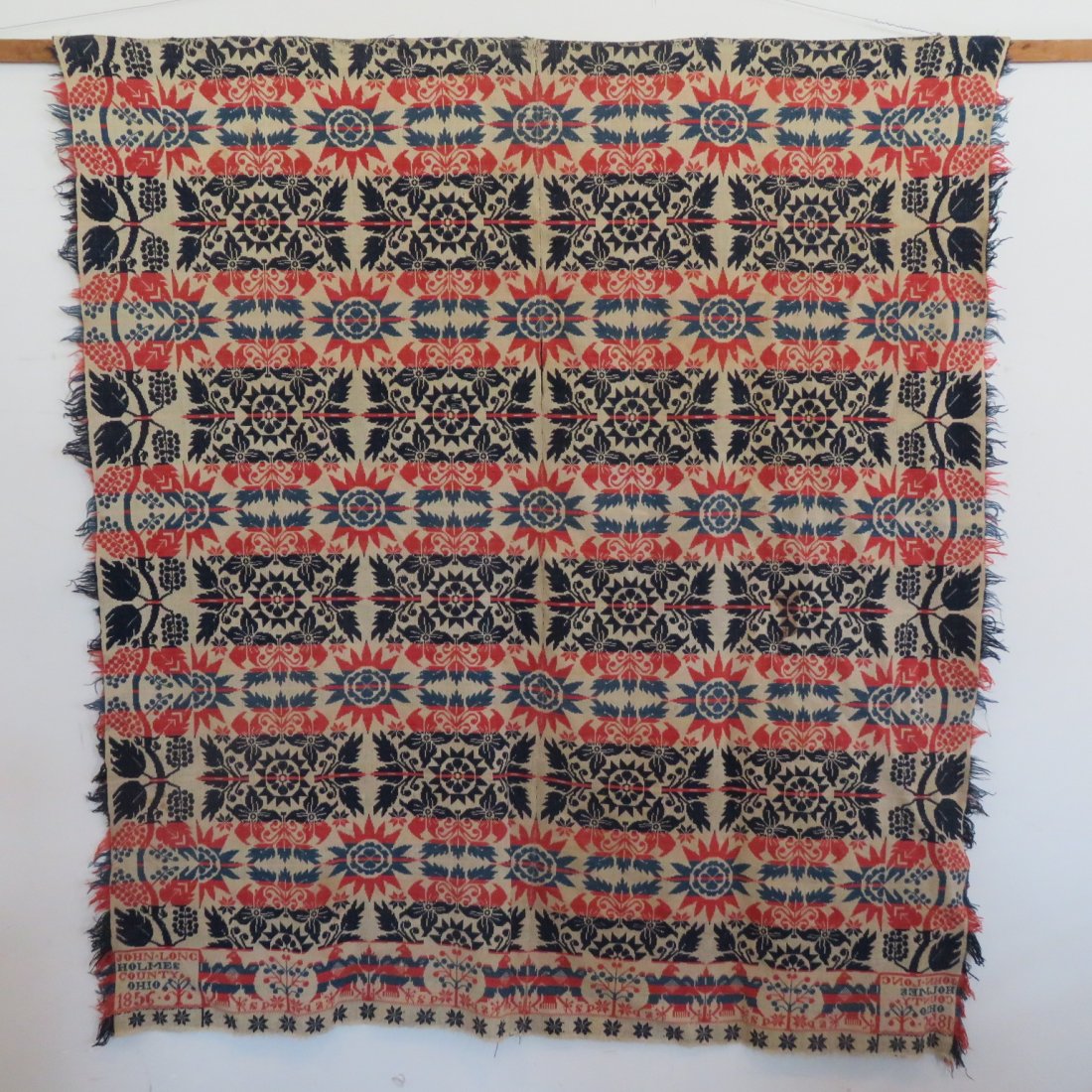 Ohio 4 color coverlet dated 1856: Ohio 4 color jacquard coverlet signed John Long, Holmes County, Ohio 1856, eagles, grape clusters and leaves in border, 76" x 66"