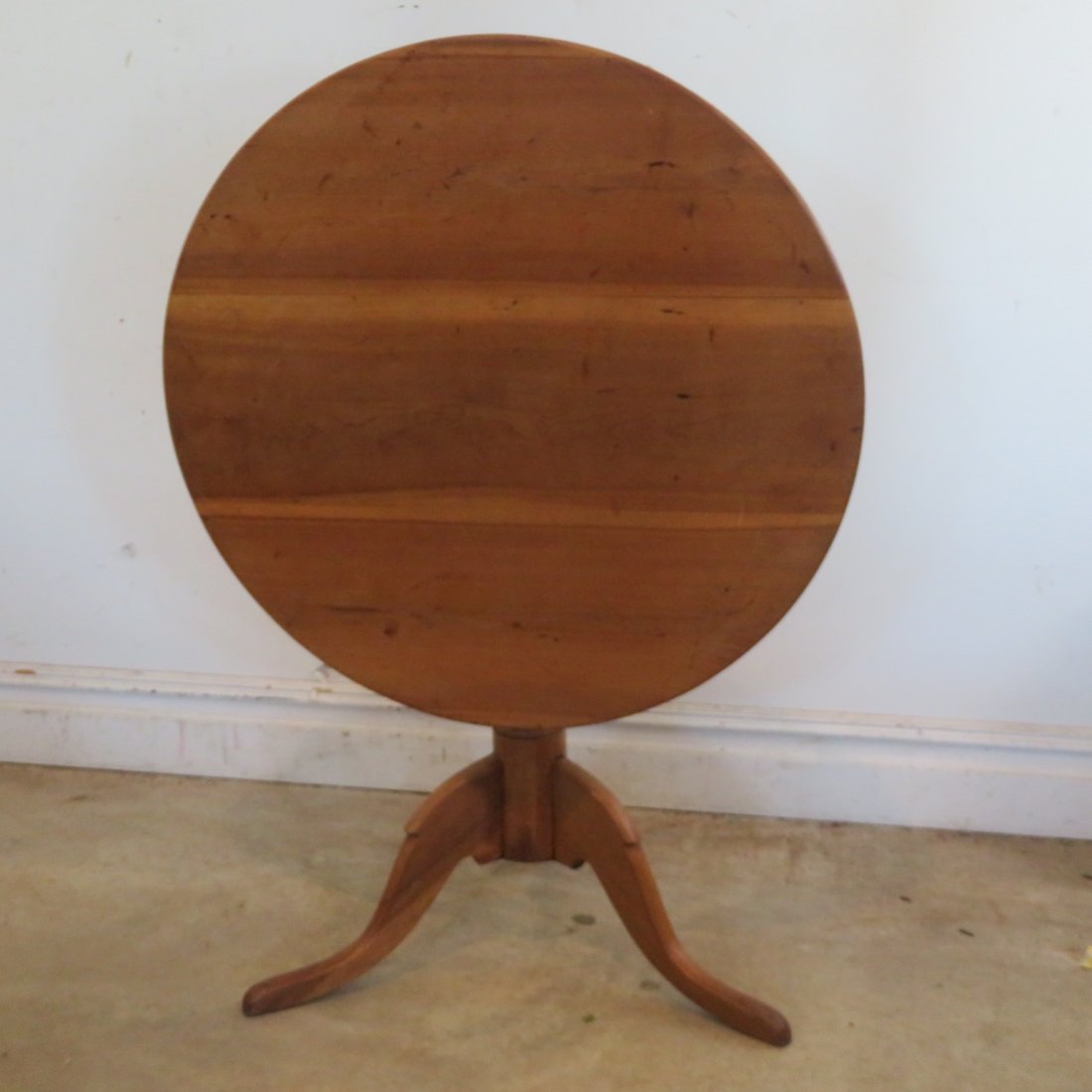 Cherry birdcage tilt top tea table: Cherry birdcage tilt top tea table, been refinished, early rose head nails on original bottom plate, 29"H, top is 34"W