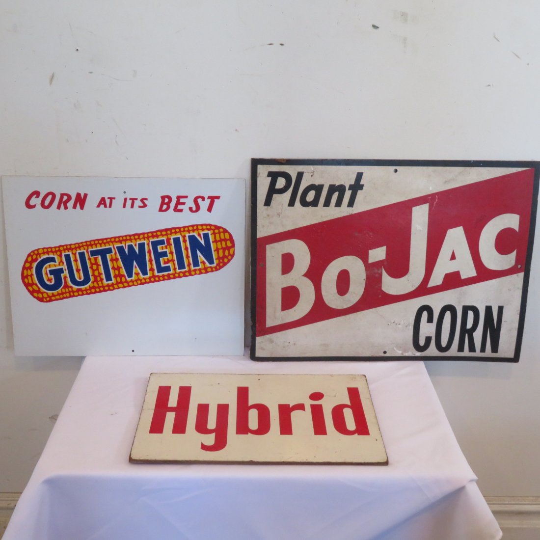 3 seed corn signs: 3 seed corn signs, fiberboard construction, Bo-Jac sign is 18" x 24"