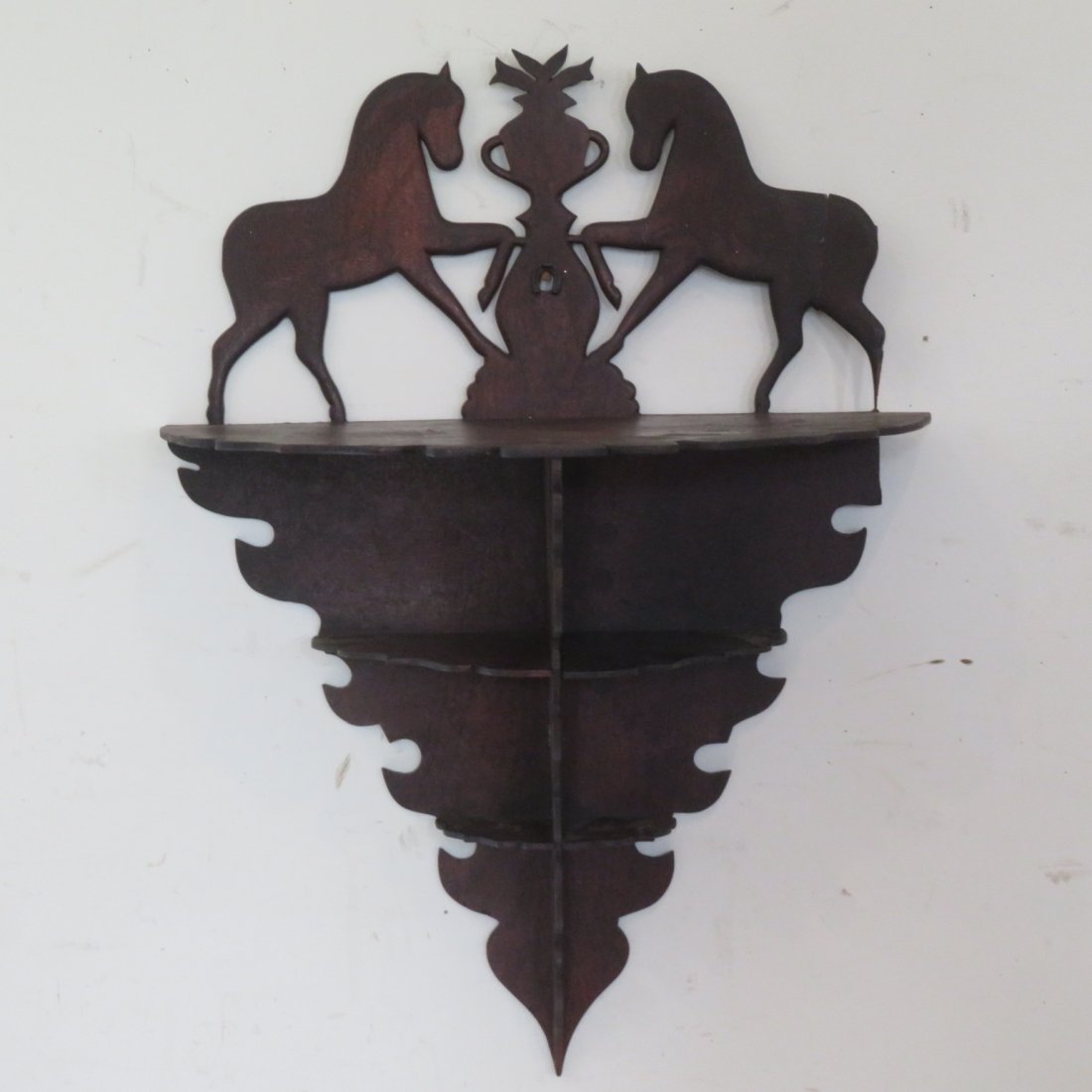 Wood folk art shelf with carved horses (1 of 5)