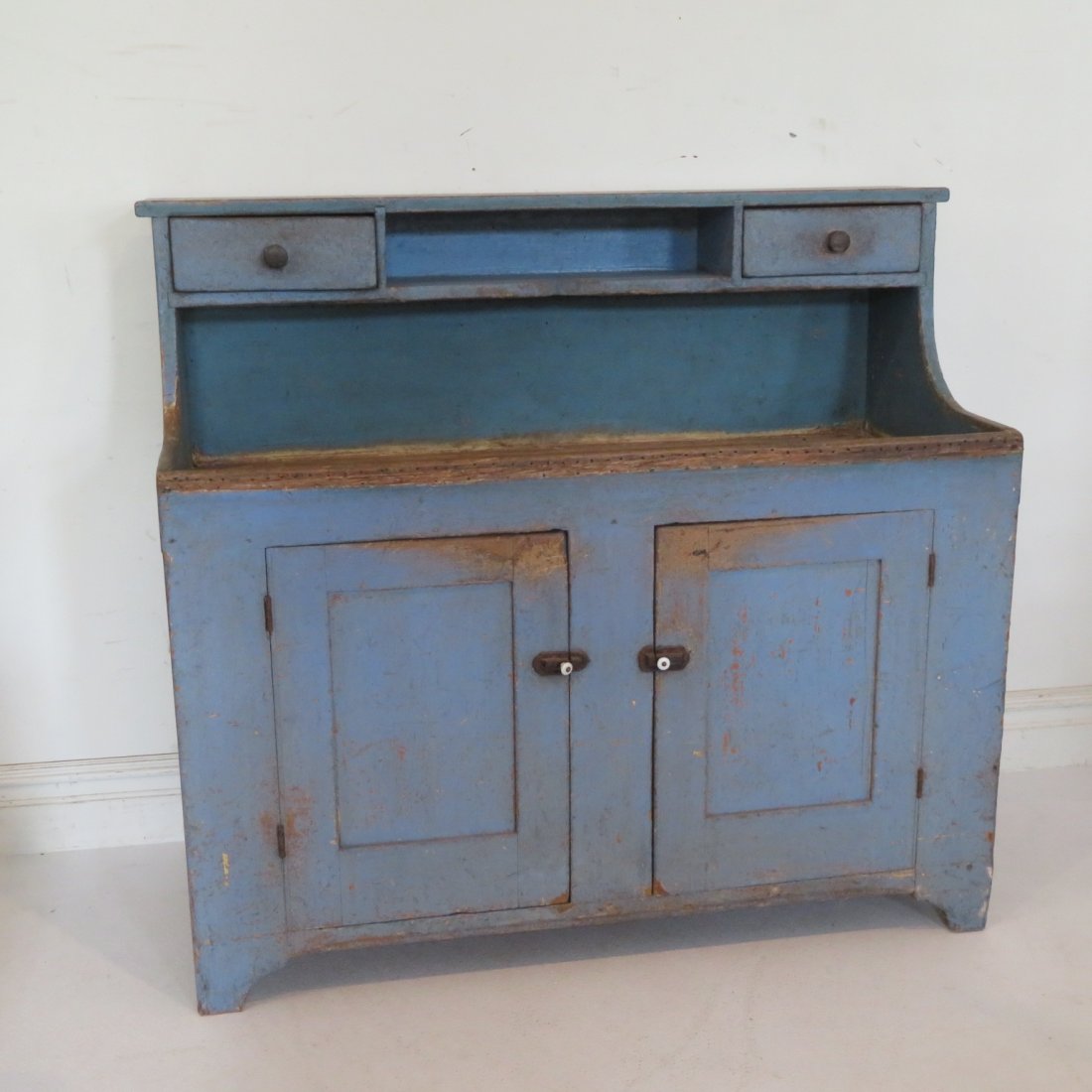 Early high back poplar dry sink in old blue paint (1 of 7)