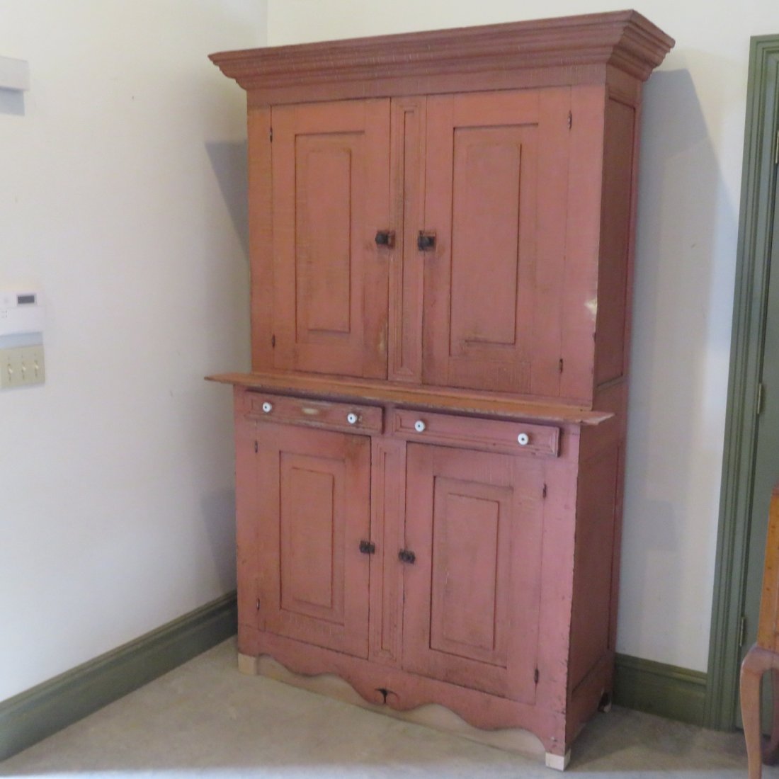 Early pine 1 pc step back cupboard in old salmon paint (1 of 8)