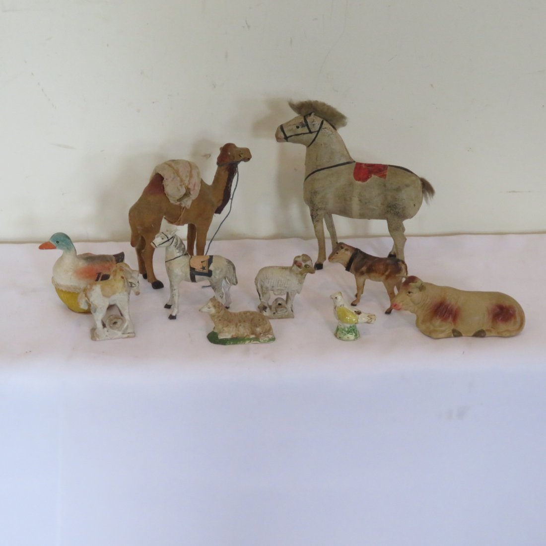 Assortment of animals: Assortment of animals, total 10 pcs, some are paper mache and some are plaster, cows are marked Germany, horse is 7"H x 7"L