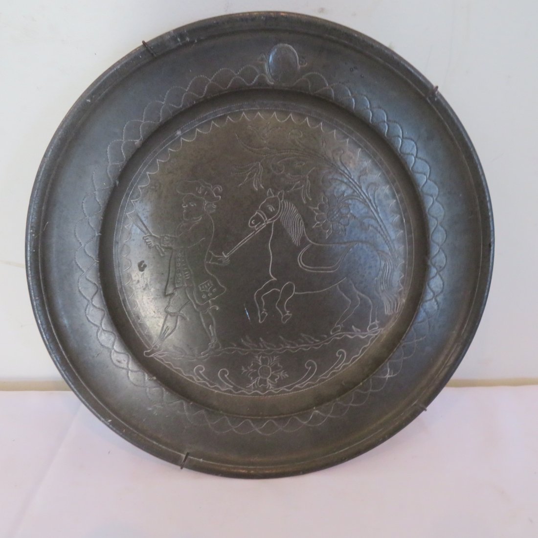 18th century Continental pewter charger engraved (1 of 6)