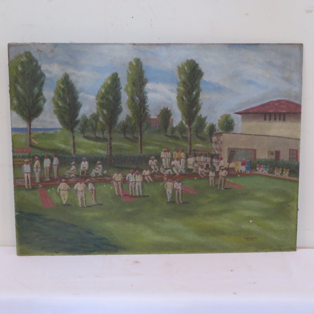 Oil painting on masonite of tournament: Oil painting on masonite of some kind of tournament being played at a country club with golf course in background. Artist signed R.B. Anthony dated 1951, 22\" x 30\"