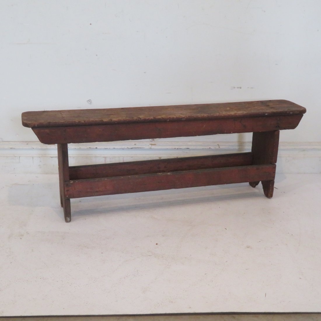Diminutive pine bench in old red paint (1 of 7)