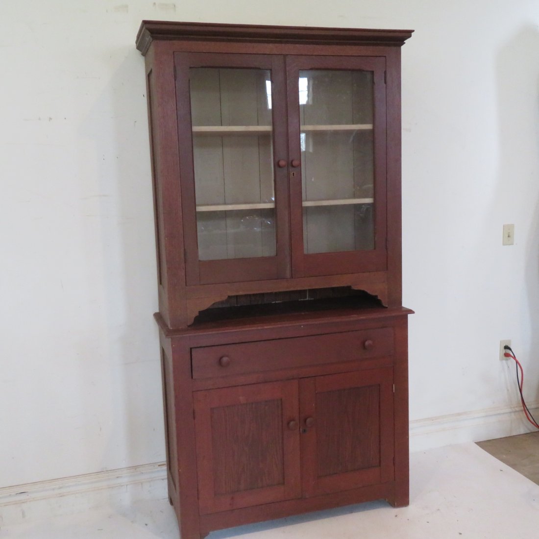 Oak glass door step back cupboard with single drawer (1 of 6)