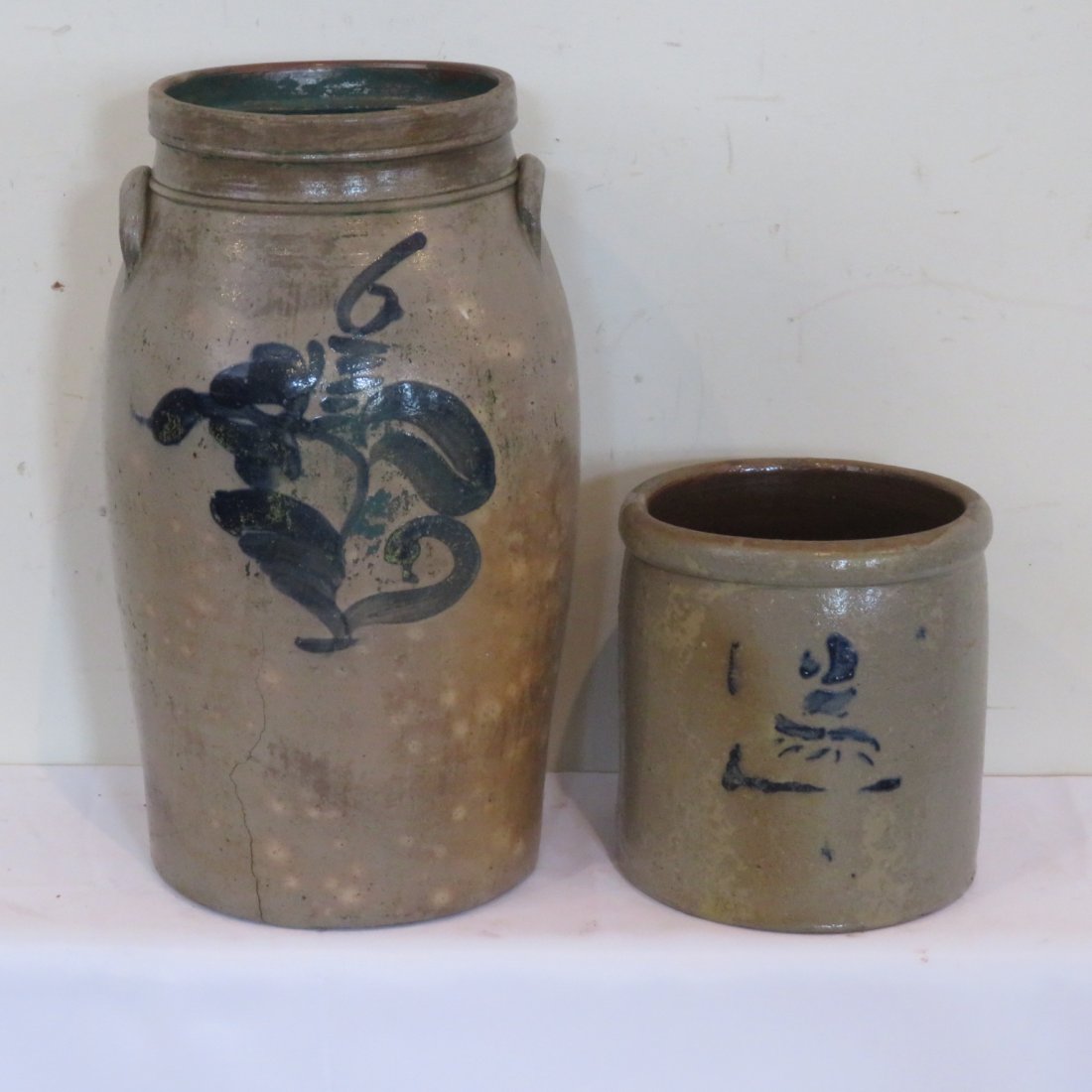 2 pcs stoneware, 6 gal churn & 2 gal jar (1 of 8)